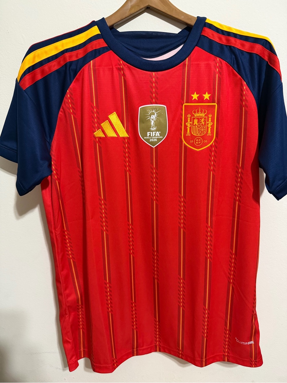 New two Star Spain National Team Red & Navy Soccer Jersey with Yellow Accents